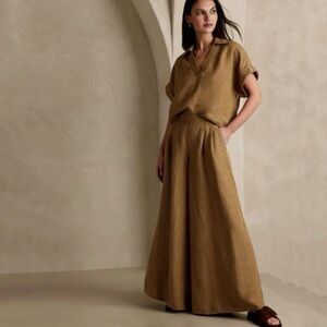 Banana Republic Lina Linen Wide Leg Pant High Waist Flare Trouser Brown 8 Medium